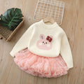 Girlsweater bunny thickened all-in-one velvet with tutu skirt two-piece set baby girl round neck knitting bottom shirtsuit