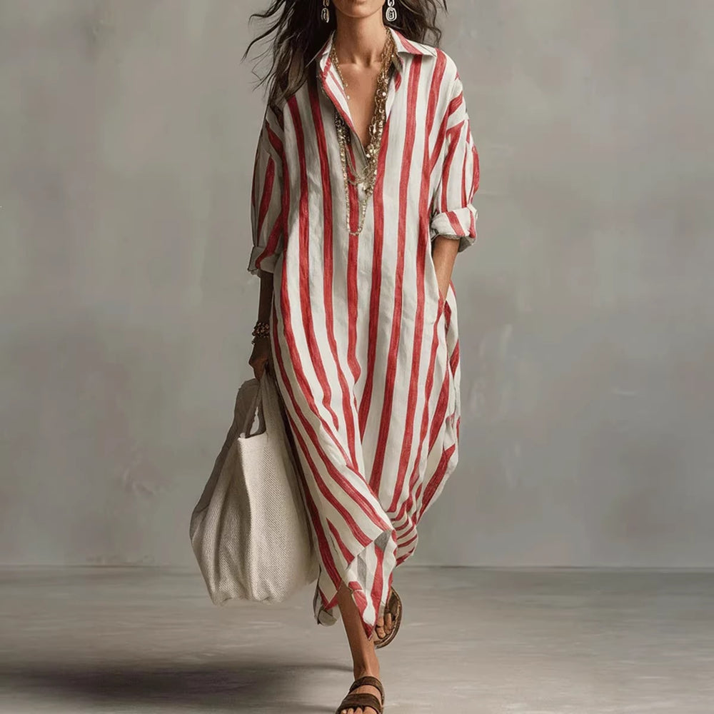 european and american independent station cross-border fashionloosev necklongstripessummer nine-quarter sleeve women's shirtdress