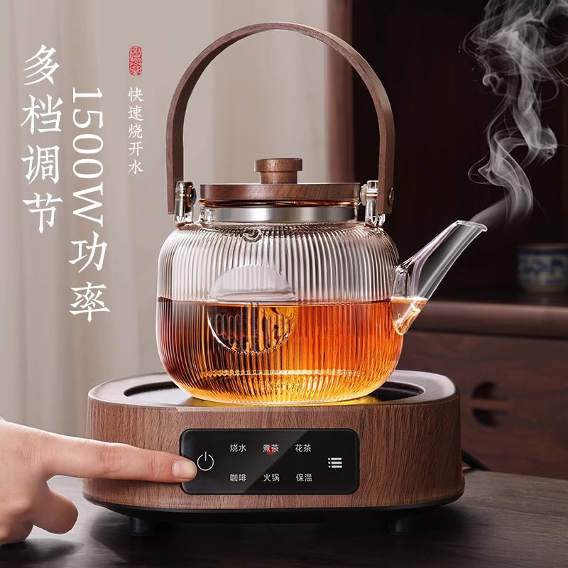 A complete set of wood grain electric ceramic stoves for making tea around the stove, a set of glass teapots for making tea around the stove, and an electric stove