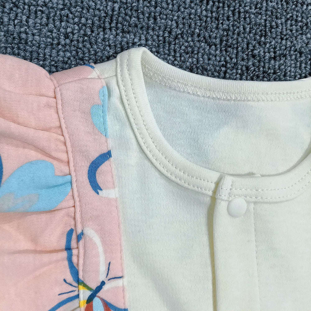 Baby girl's pure cotton butterfly romper with ruffle trim, color-blocked long sleeves, snap closure, easy to put on and take off, perfect for outings and tummy time