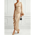 European and american cross-border new arrival: solid color satin off-the-shoulder sexy ruched asymmetrical dress