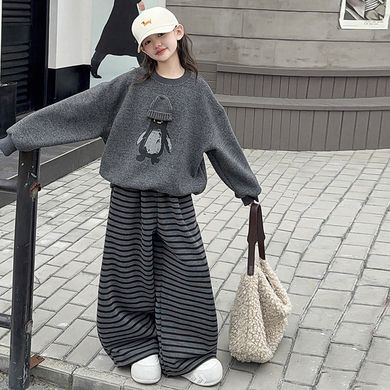 Girls' spring/autumn sweatshirt set -  spring new arrival - loose fit two-piece set for older girls - student striped wide-leg pants