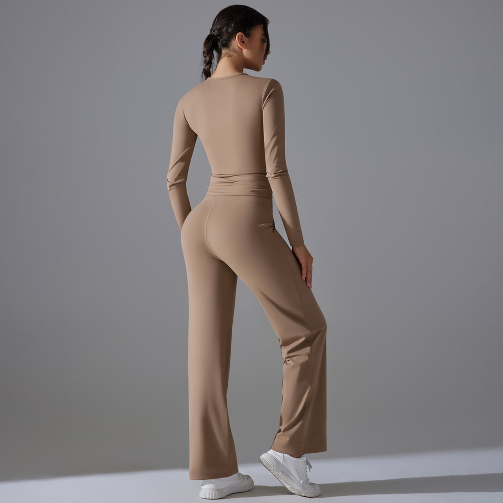 High-waisted, butt-lifting, drawstring wide-leg pants with a barely-there feel, paired with a form-fitting, long-sleeved yoga top. breathable, quick-drying, perfect for outdoor running and fitness