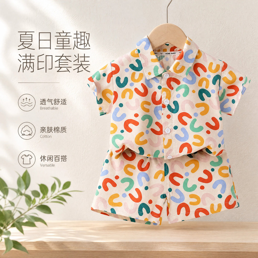 Dopamine colorful print kids' short-sleeve shirt summer set, infant casual shorts two-piece outfit, korean style