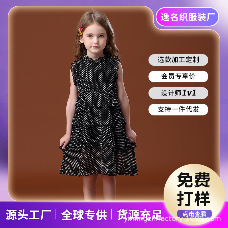 Girls' polka dot black ruffle dress, kids' sundress, ages 3-12, korean style summer new arrival