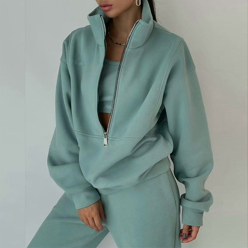 cross-border e-commerce european and american women's clothing: new summer collection - fashionable casual fleece-lined sporty zip-up hoodie set