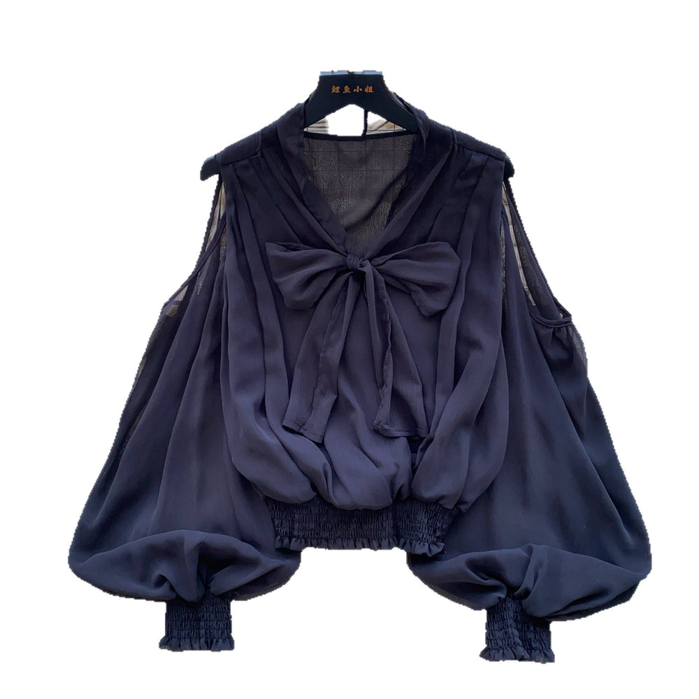 French sweet style bow tie v-neck blouse - women's long sleeve loose fit commute chic top - autumn  collection