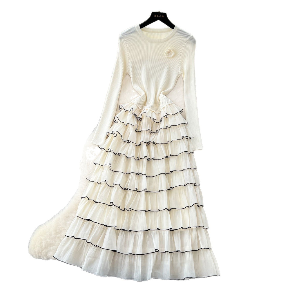 French chic floral round neck long sleeve knit patchwork tiered cake dress - elegant and figure-flattering