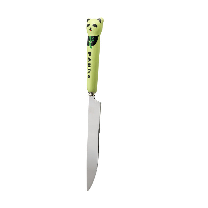 Cartoon stainless steel cutlery set: cute kids' forks with stylish ceramic handles, exquisite dessert spoons, and serving spoons