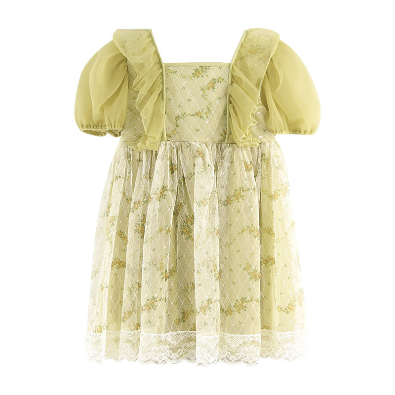 Girls' princess dress -  summer korean style, chic bubble sleeves, fresh floral print dress