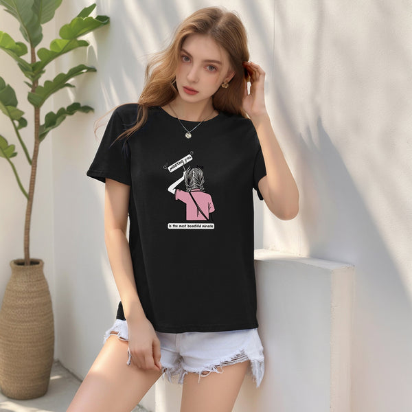 2025 new European and American casual tops  loose crew neck cute girl cartoon printed t-shirt women