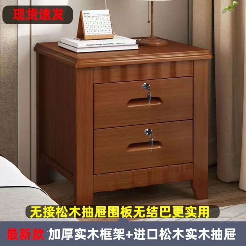 Solid wood bedside table for home bedroom, lockable storage cabinet, small rental room bedside storage chest, no assembly required