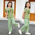 short-sleeve lightweight set: stylish and casual plaid outfit for girls (sizes for mid-to-large children) - new summer two-piece set with plaid pants