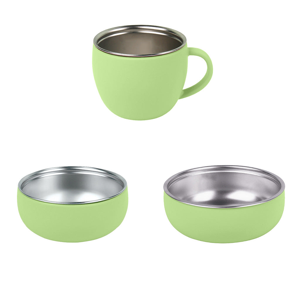 Children's stainless steel 304 silicone tableware set Baby feeding bib Wooden handle Fork spoon Plate bowl Cup 7-piece set