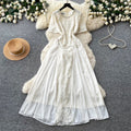 French-style cutout embroidered a-line dress - women's summer short sleeve high waist slimming elegant maxi dress