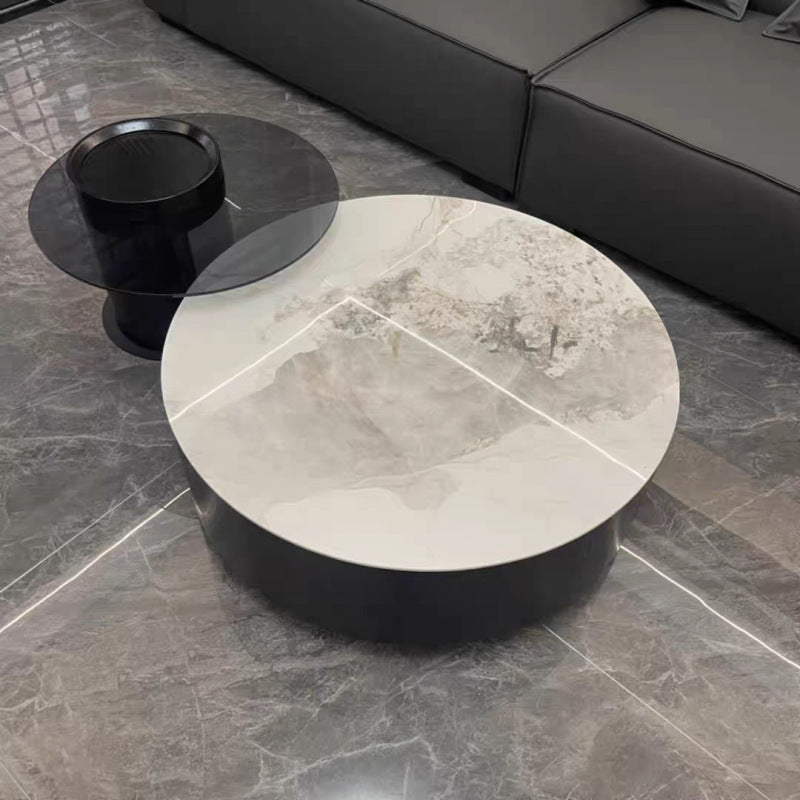 Black rock slab italian minimalist coffee table - modern simple living room home use, small to large round tea table, high-end designer style