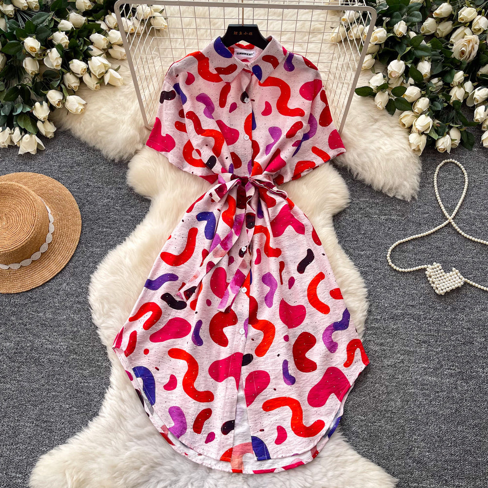 K-style printing short sleeve dress women's  summer waist slimming look a-line skirt work clothingelegant shirt skirt