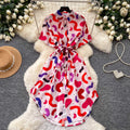 K-style printing short sleeve dress women's  summer waist slimming look a-line skirt work clothingelegant shirt skirt