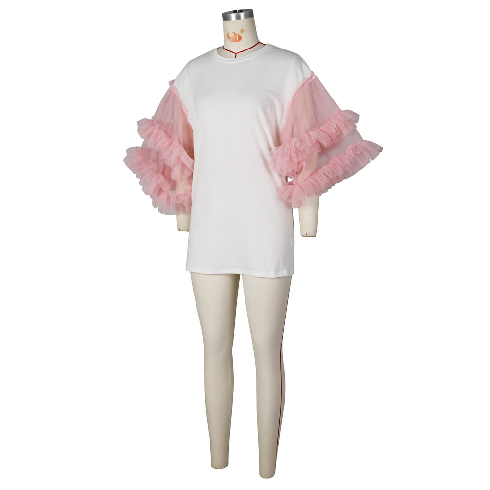 summer new arrivals: european and american style fashion casual loose patchwork mesh sleeve solid color t-shirt dress - cross-border e-commerce