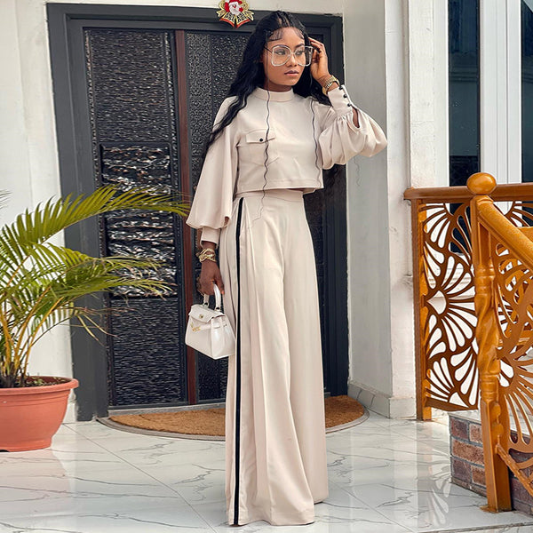 Spot European and American women's clothing 2025 summer new large size loose semi-turtleneck long-sleeved top wide-leg pants casual suit