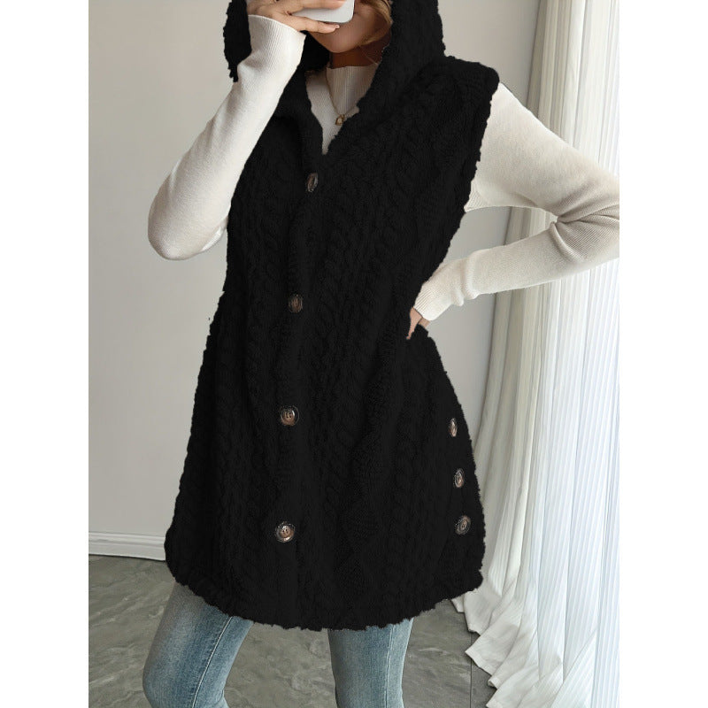 Europe and the United States   hot-selling explosion solid color double-sided plush hooded button cardigan casual women's autumn and winter vest