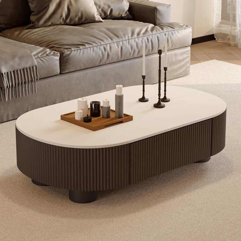Cream oval rock slab coffee table - new living room design for small spaces, modern minimalist, high-end light luxury with storage