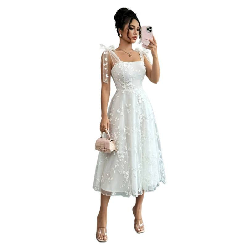 European and american cross-border women's summer elegant romantic mesh embroidered fabric tie-waist a-line midi dress
