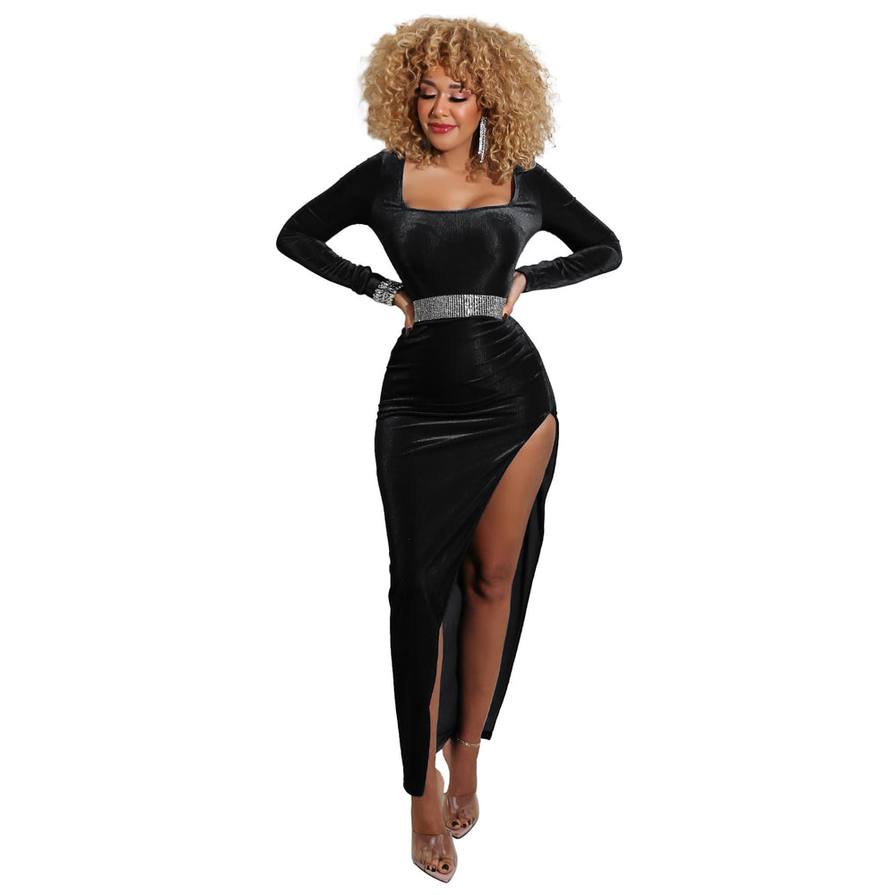 Amazon cross-border fashion:  autumn/winter sexy square neck high slit gold velvet dress - evening party maxi dress