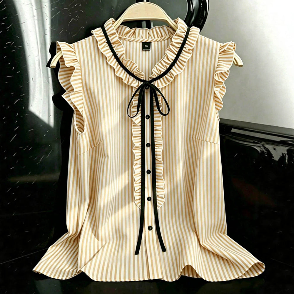 Export gentle wind stripesplus size shirt lotus leaf flying sleeves v neck black ribbon bowsslimming look sleeveless tops