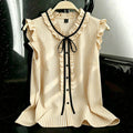 Export gentle wind stripesplus size shirt lotus leaf flying sleeves v neck black ribbon bowsslimming look sleeveless tops