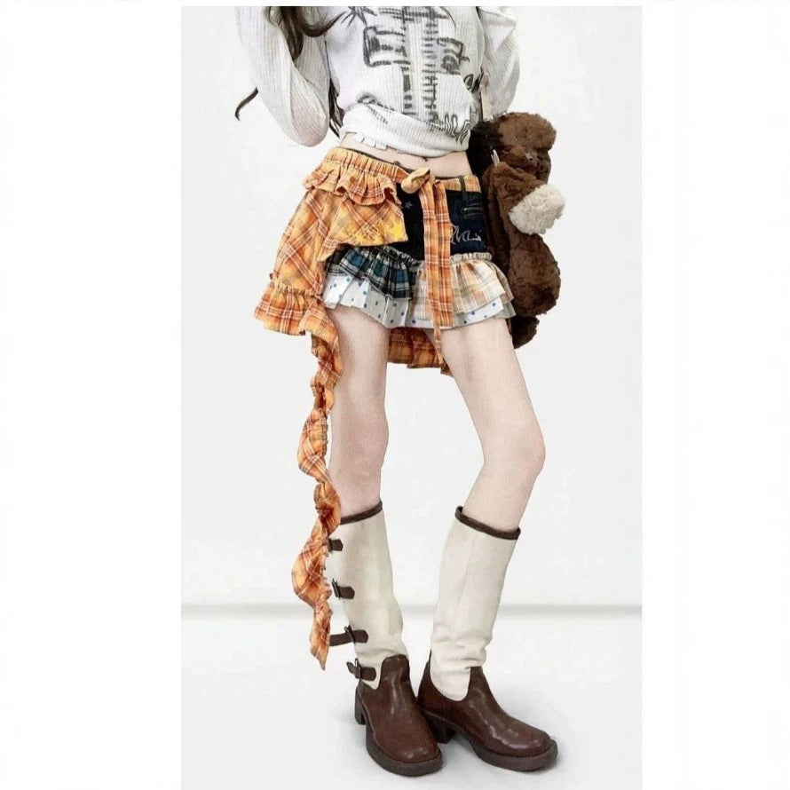European and american foreign trade  plaid irregular skirt with tie back bow tie butt curtain for women