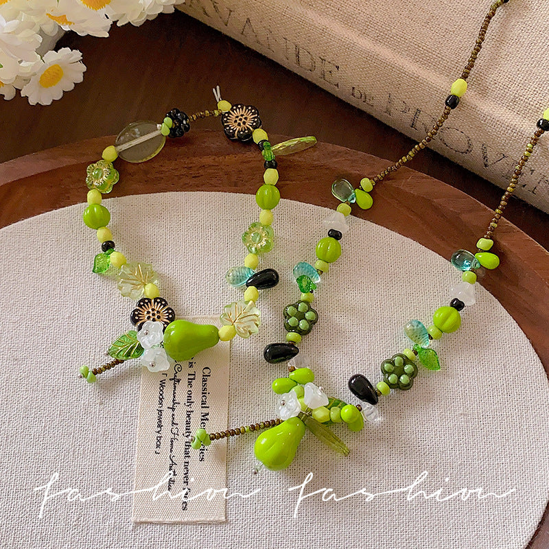 Green crystal beaded plant green pear necklace niche forest styleretro beaded clavicle chain sense of design necklace accessories