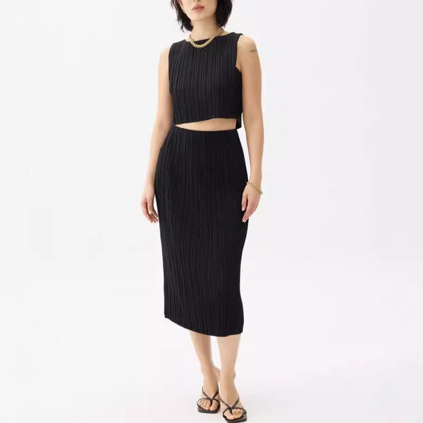 Fashion casual women's clothing European and American summer knitted pleated sleeveless top half skirt slim two-piece set  2024