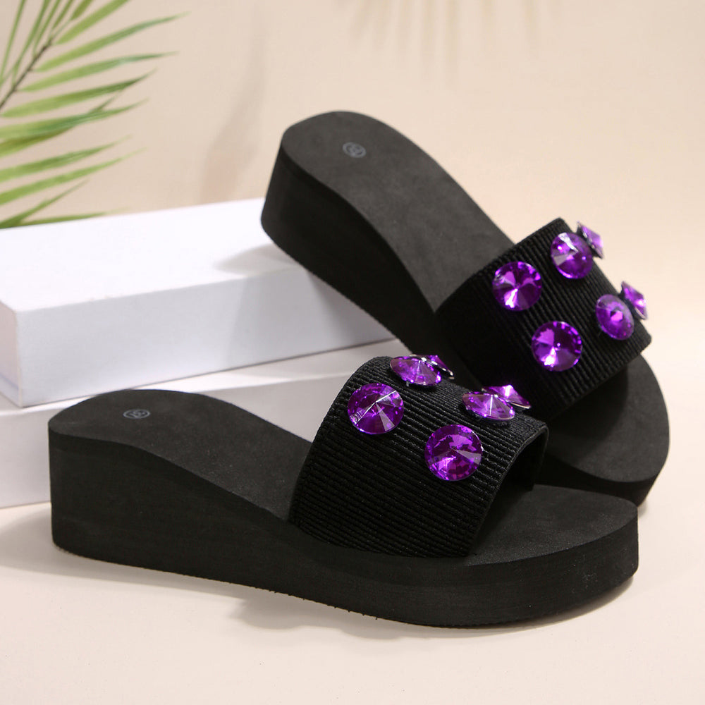 Plus size fashion rhinestone platform slippers for women, 2025 new arrival, aliexpress wedge heel flat slide sandals, fabric upper