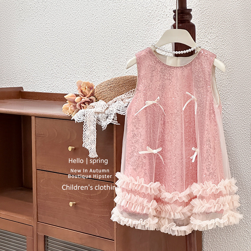 【clearance】girls' princess dress - new summer collection: stylish mesh dress with vest top, sequin detail, and bow accent