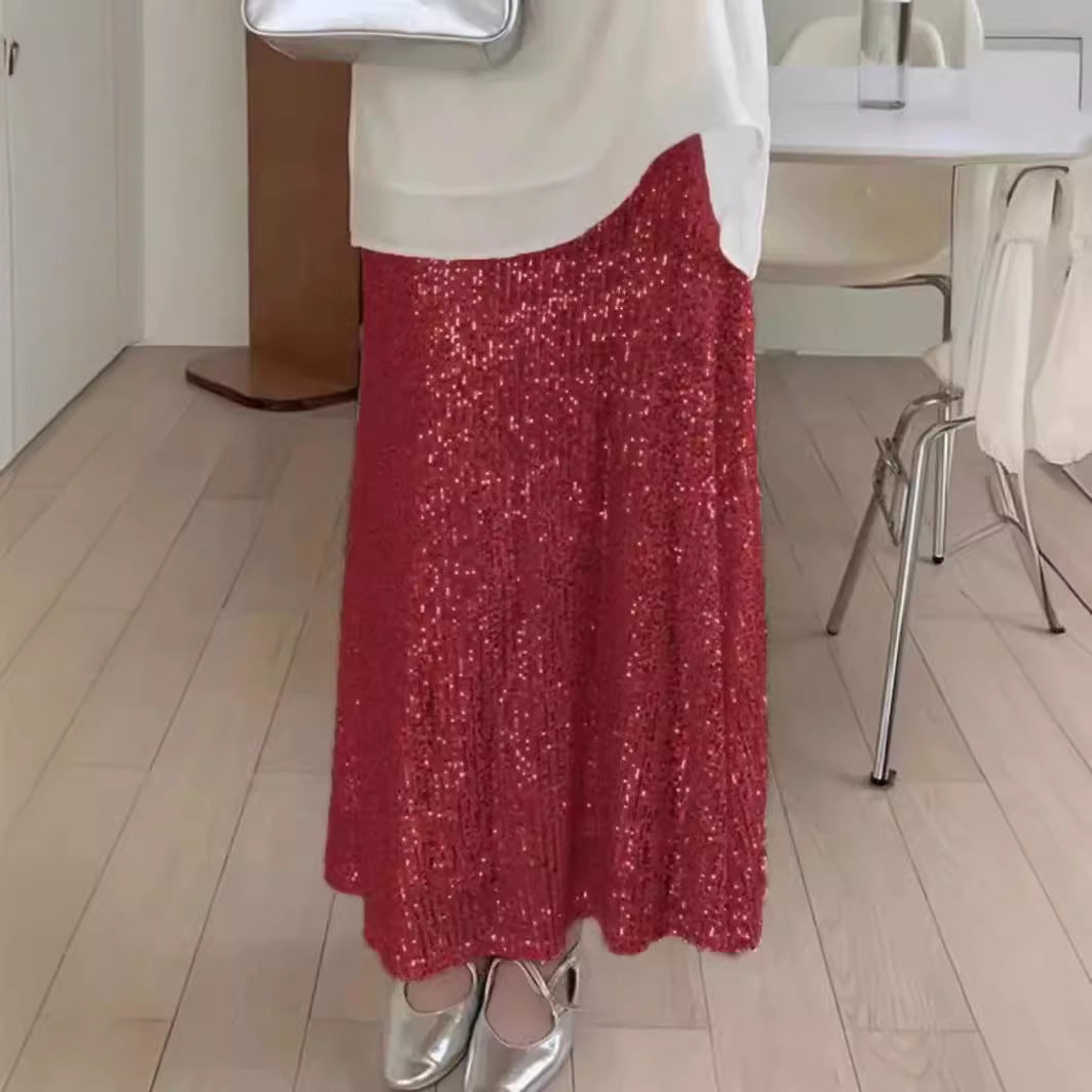 2025 European and American   new fashion sequins elastic high waist lining elastic drape skirt long skirt women