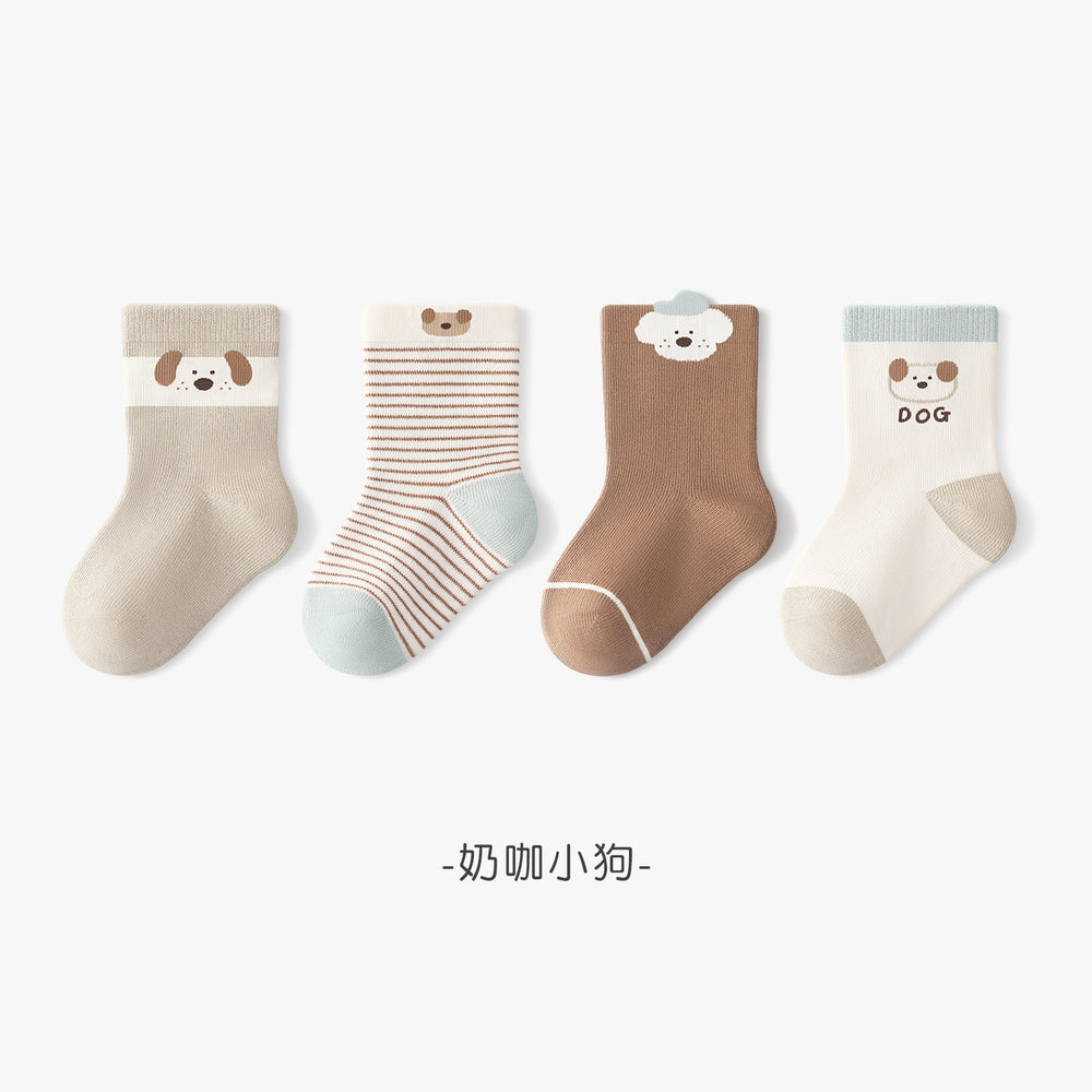 Babibele baby socks, 4-pair pack, mid-calf length, combed cotton, seamless, cartoon design, non-restrictive, unisex baby socks