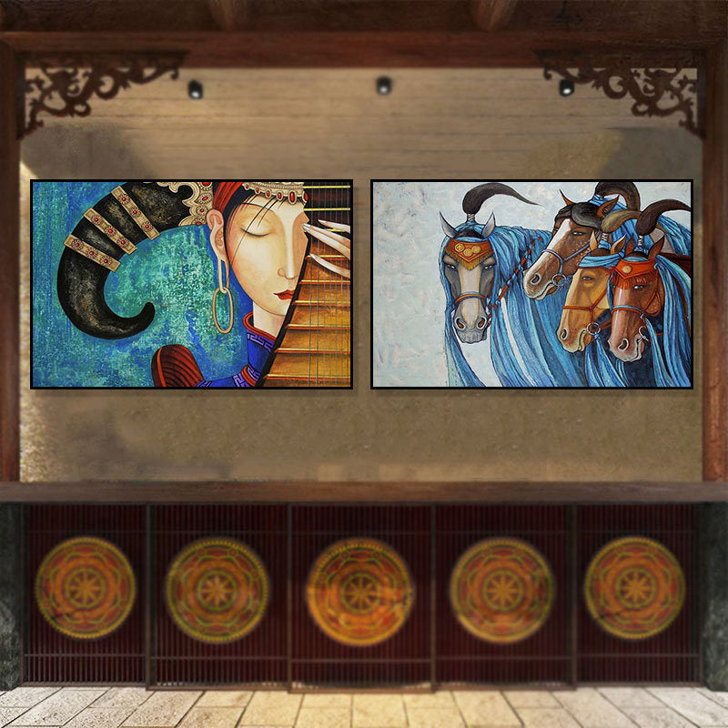 Ethnic minority decorative painting Inner Mongolia element oil painting Yunnan style B & B hotel box hanging painting bedroom living room