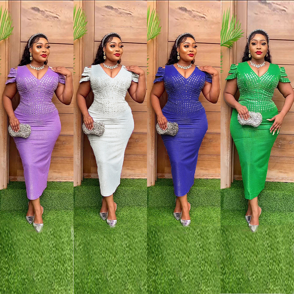 export v-neck sexy evening gown african plus size women's clothing  rhinestone tweed dress