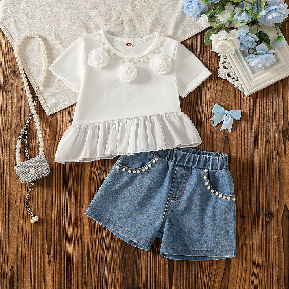 new cross-border girls' round neck floral knit top + beaded denim shorts two-piece set