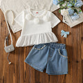 new cross-border girls' round neck floral knit top + beaded denim shorts two-piece set