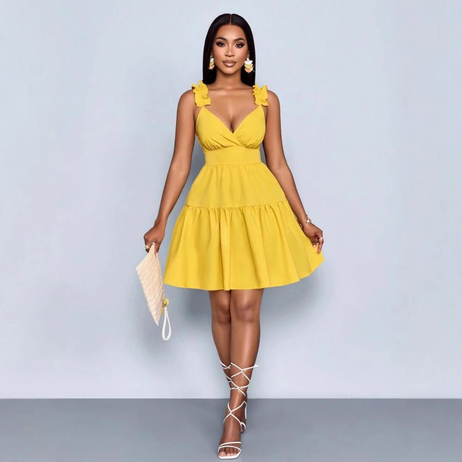 European and american cross-border   summer new arrival: elegant v-neck, designer elastic waist, solid color slip dress