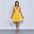 European and american cross-border   summer new arrival: elegant v-neck, designer elastic waist, solid color slip dress