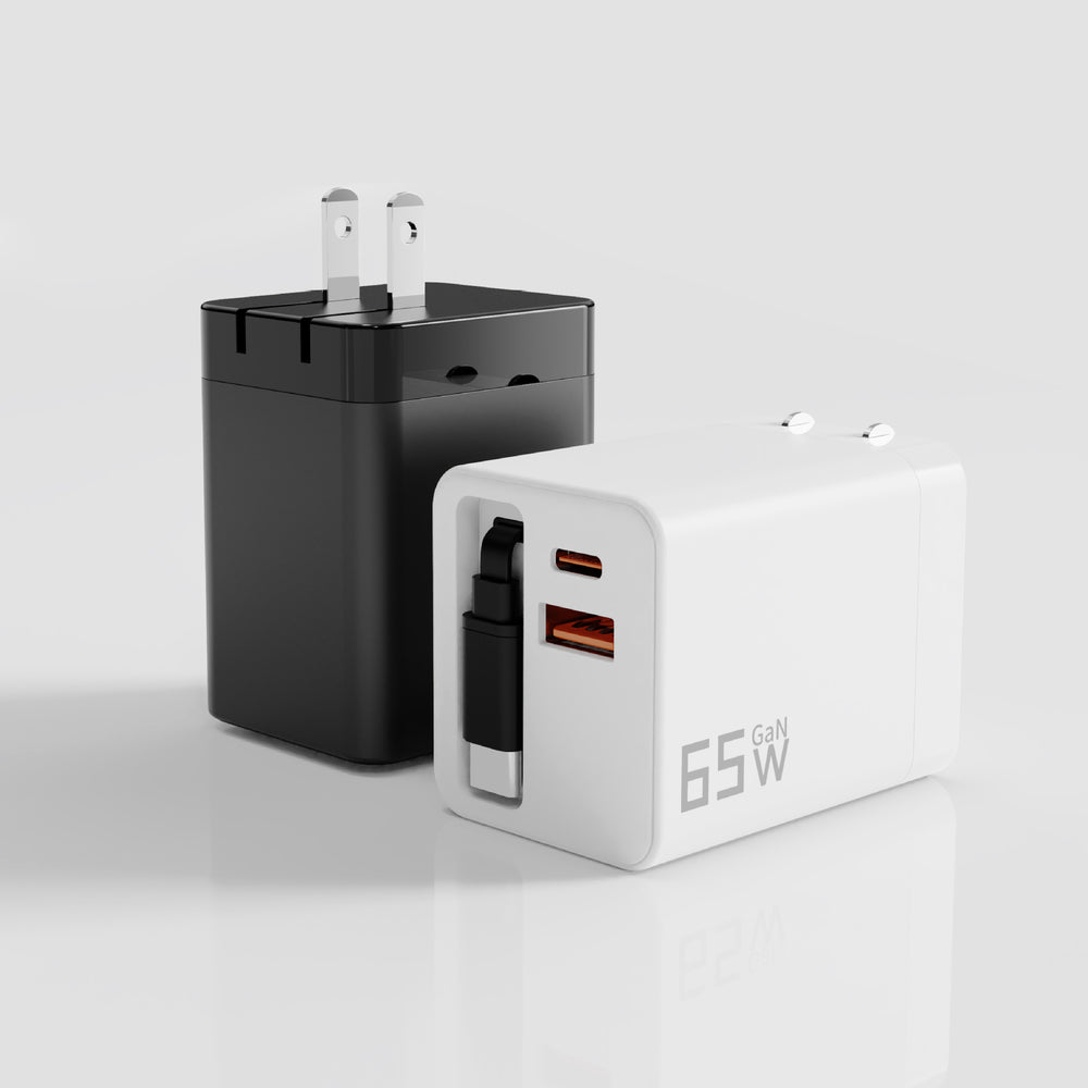 65w gan charger with full protocol fast charging, a+c dual port retractable cable, compatible with apple and huawei fast charging