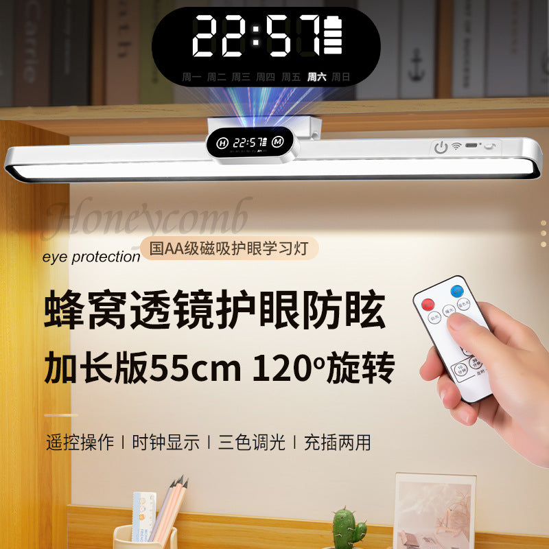 Eye-care led desk lamp with clock - cool design, rechargeable, magnetic, and perfect for dorms, study, bedroom, or bedside use