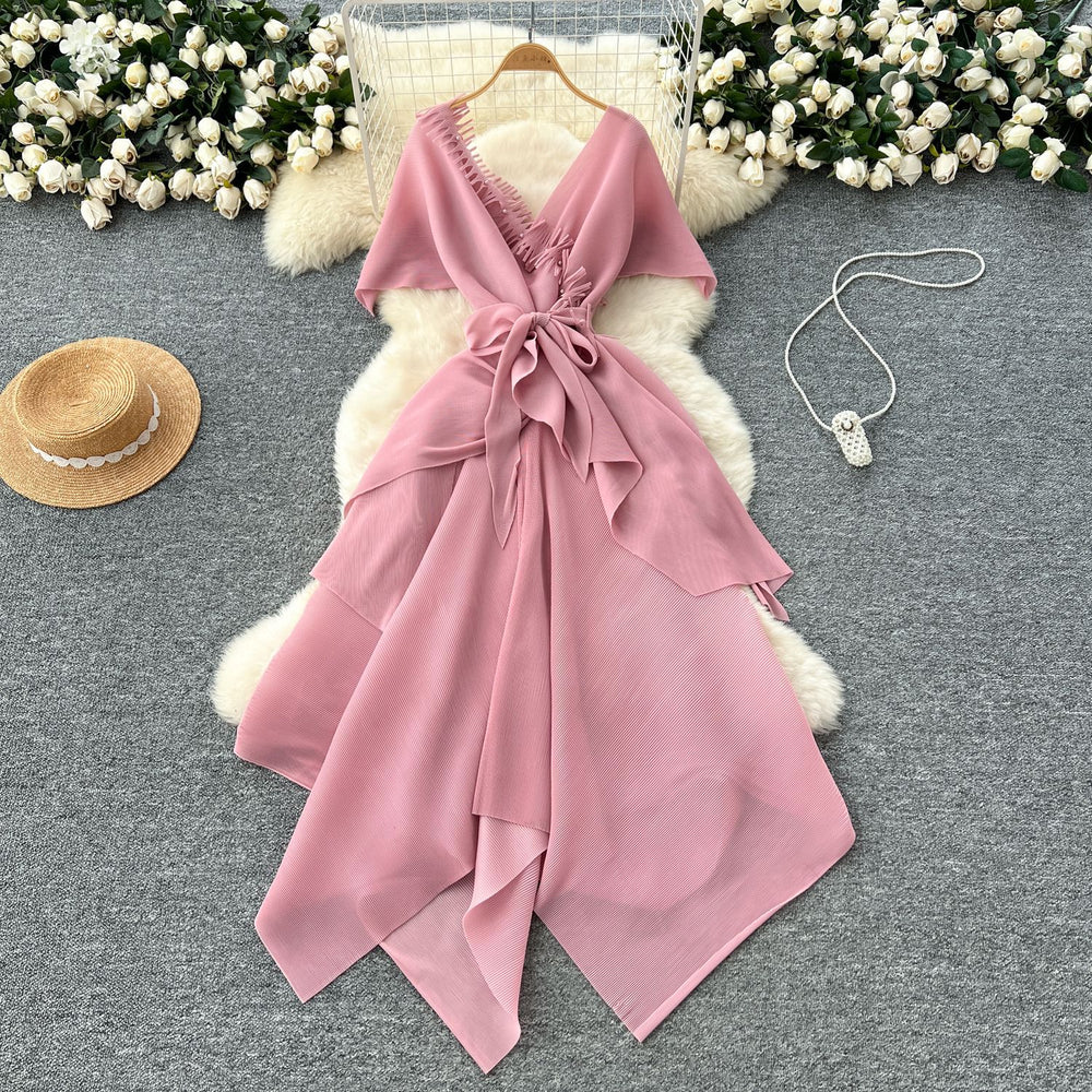 Fashionable v neckstereopatchwork strap waist asymmetrical pleated dress women's celebrity fashionable dress