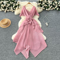 Fashionable v neckstereopatchwork strap waist asymmetrical pleated dress women's celebrity fashionable dress