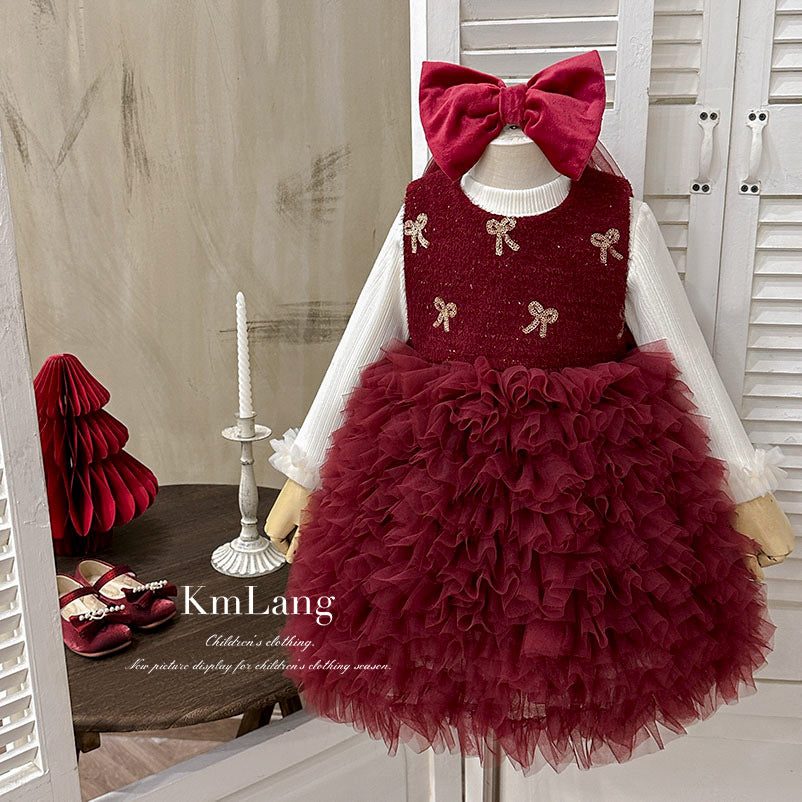 Girls' fleece-lined dress winter outfit kids birthday princess dress stylish tulle skirt high-end chanel-inspired formal gown