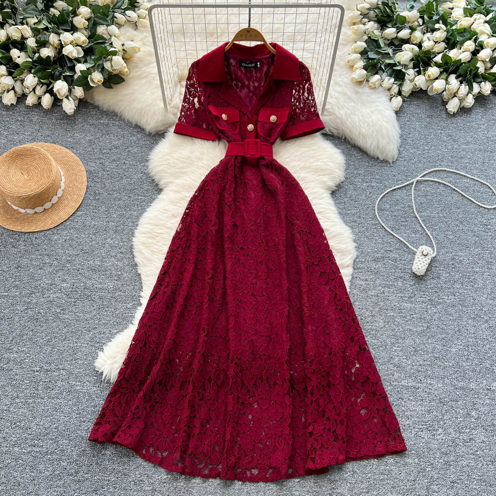 Luxury french style high-end short-sleeve dress - women's summer blazer collar lace mesh belted maxi dress