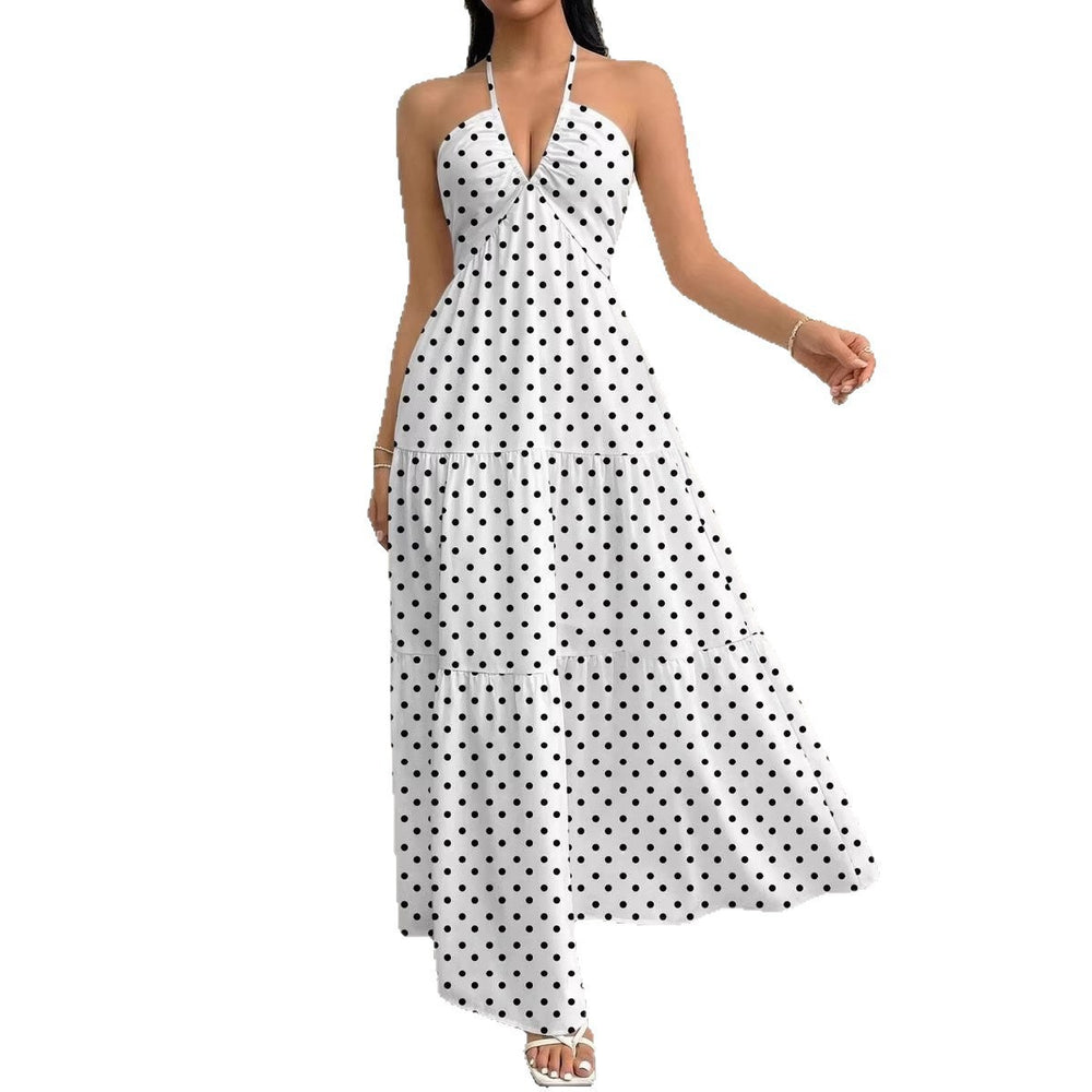 European and american style polka dot halter dress, asymmetrical summer new arrival, french v-neck, cinched waist, flared skirt